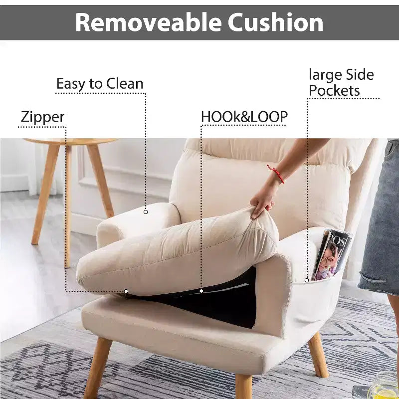 Accent Chair with Ottoman, Velvet Armchair with Adjustable Backrest and Side Pocket