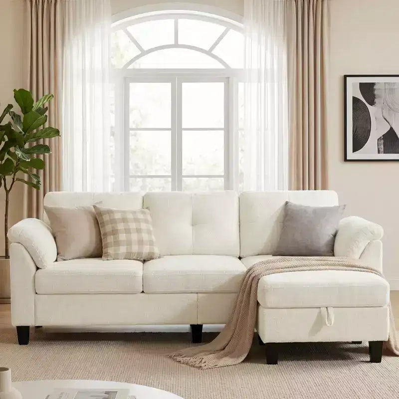 76.4-Inch Modern Three-Seater Sofa with Armrests and Pillows in Chenille Beige