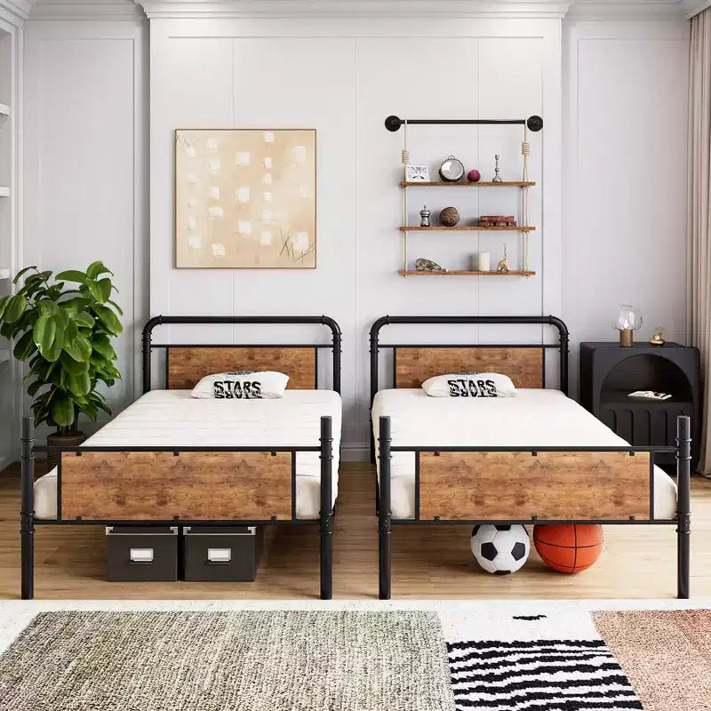 Twin Bunk Bed, Heavy Duty Industrial Metal Bunkbeds with Safety Guard Rails, Convertible to Two Beds