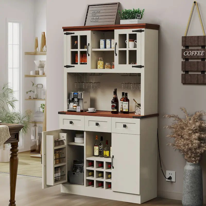 72" Kitchen Pantry Cabinet with Wine Rack, 3 Drawers & Charging Station