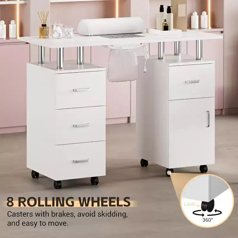 Manicure Table with Electric Dust Collector,42 Nail Table Beauty Salon Station with Lockable Wheels, Arm Rest,4 Storage Drawers,Resistant Top