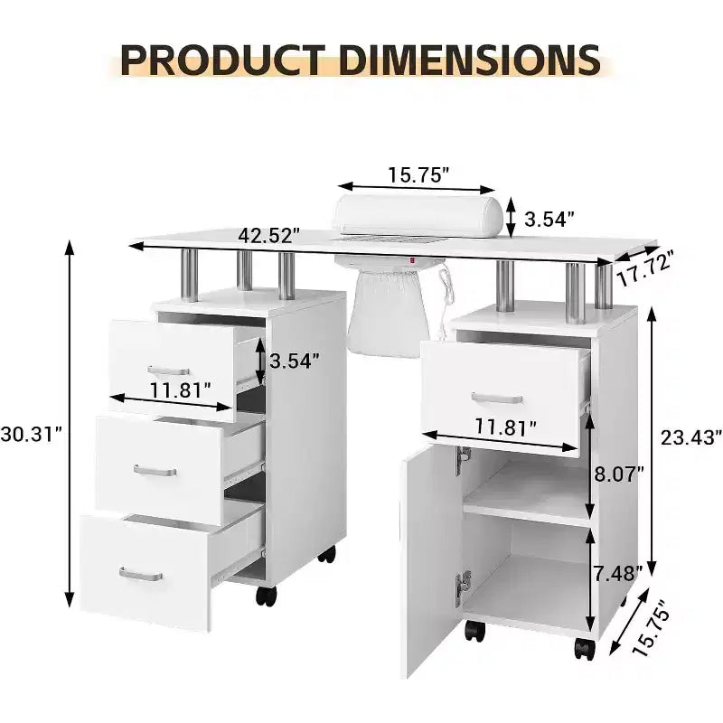 Manicure Table with Electric Dust Collector,42 Nail Table Beauty Salon Station with Lockable Wheels, Arm Rest,4 Storage Drawers,Resistant Top