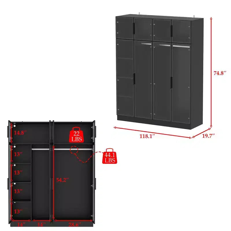 118" Floor-to-Ceiling Black Armoire Wardrobe with 3-Color LED Lights & Tempered Glass Doors