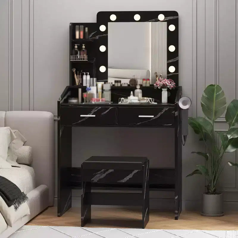 Vanity Desk with Mirror and Lights, Makeup Vanity with Power Outlet & Cushioned Stool, 3 Lighting Modes Adjustable Brightness, Dressing Table