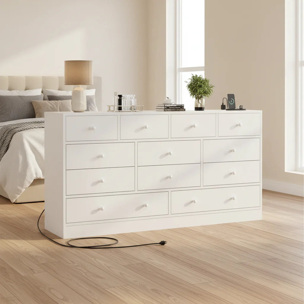 12 Drawer Dresser for Bedroom, 61 Inch Wood Dresser with Power Outlet, Wide Chest of Drawers