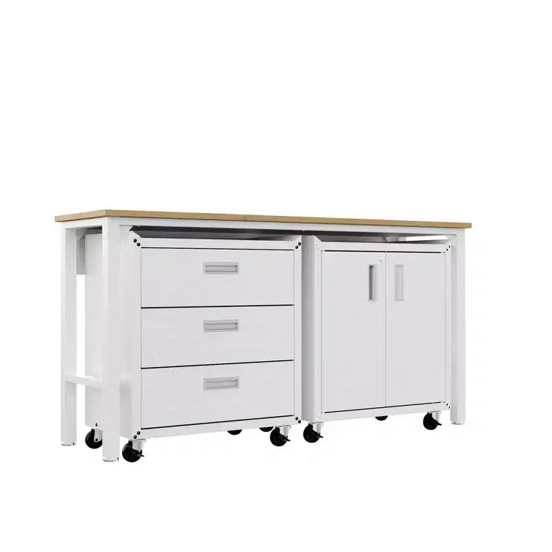 Manhattan Comfort Fortress 3pc Mobile Space Saving Garage Cabinet and Worktable Set 3.0 White