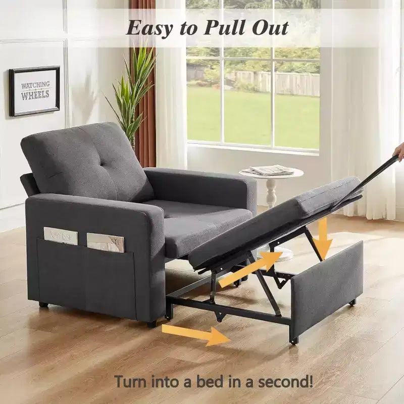 42.5" 3-in-1 Convertible Sleeper Chair Bed with Adjustable Backrest and Side Pockets