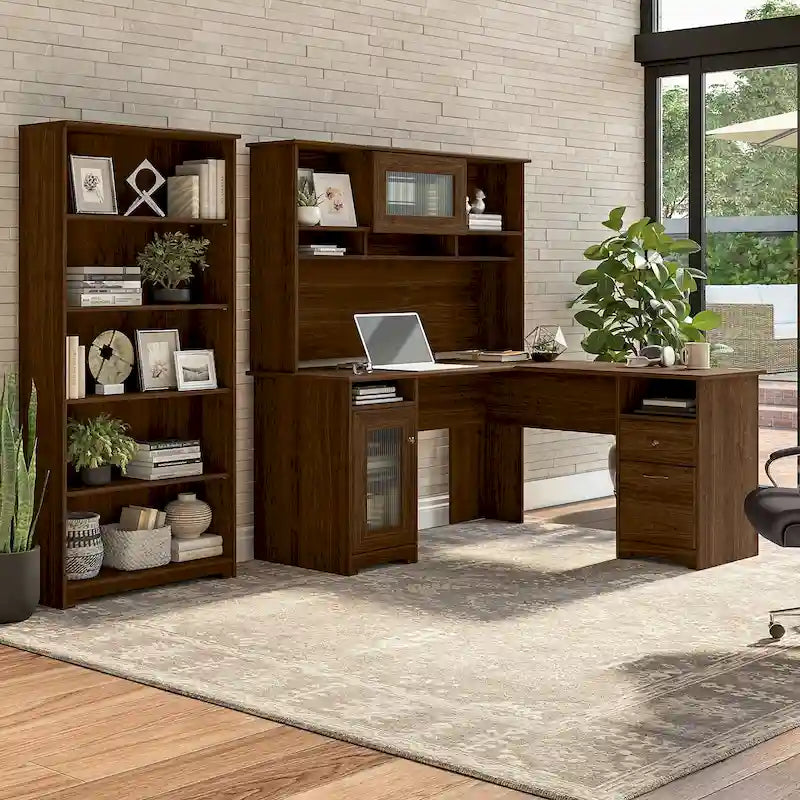 60" L-Shaped Computer Desk with Hutch, 5-Shelf Bookcase & File Drawer, 200 lb Desktop Capacity