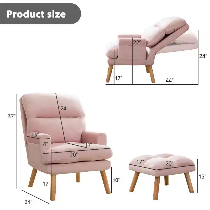 Accent Chair with Ottoman, Velvet Armchair with Adjustable Backrest and Side Pocket