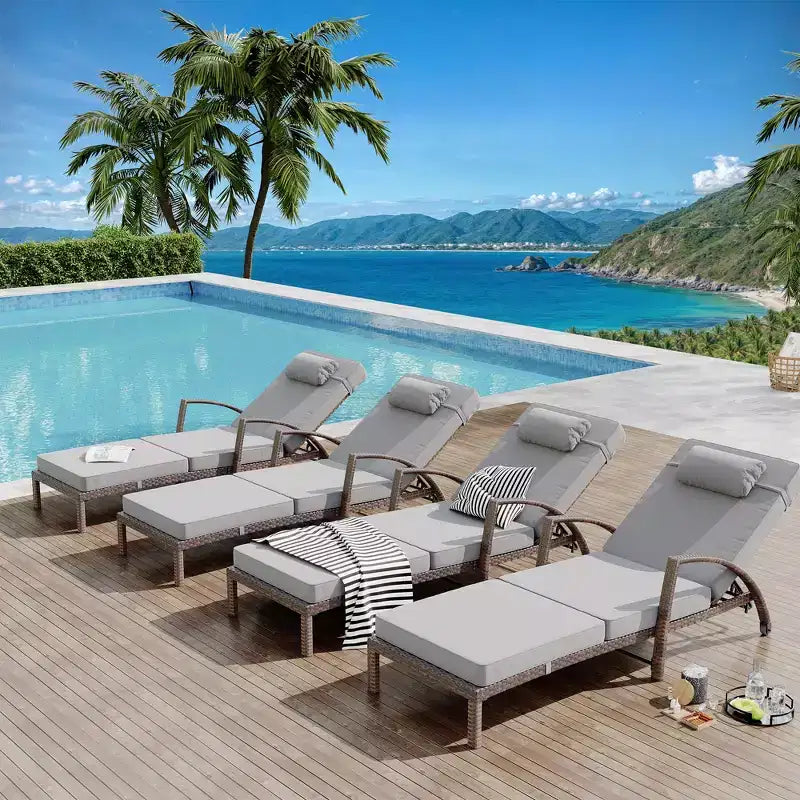 Coolmee Outdoor Chaise Lounge Set of 2 Rattan Patio Folding Chaise Lounge Adjustable 5 Position Back Patio Pool Lounge Chair with Cushion Pillow