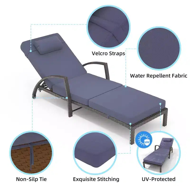 Coolmee Outdoor Chaise Lounge Set of 2 Rattan Patio Folding Chaise Lounge Adjustable 5 Position Back Patio Pool Lounge Chair with Cushion Pillow
