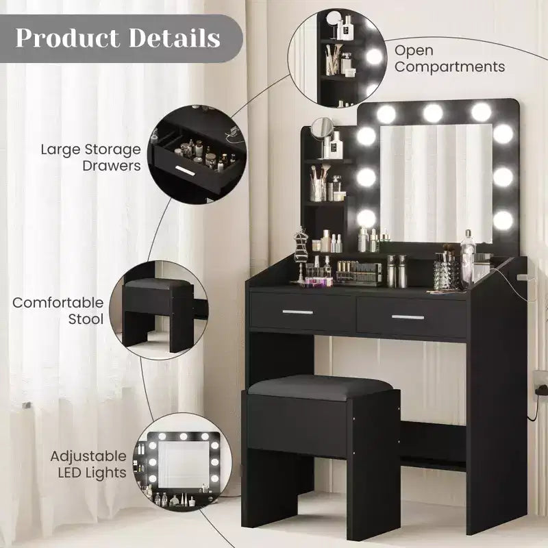 Vanity Desk with Mirror and Lights, Makeup Vanity with Power Outlet & Cushioned Stool, 3 Lighting Modes Adjustable Brightness, Dressing Table