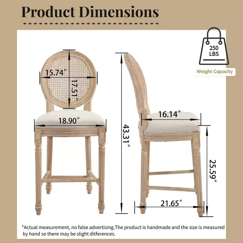 French Country 26 Bar Chairs Set of 2, Upholstered Natural Rattan Round Back, Wire Drawing Carving, Beige