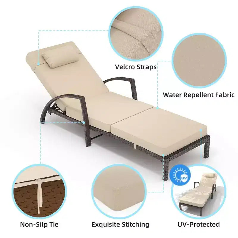 Coolmee Outdoor Chaise Lounge Set of 2 Rattan Patio Folding Chaise Lounge Adjustable 5 Position Back Patio Pool Lounge Chair with Cushion Pillow
