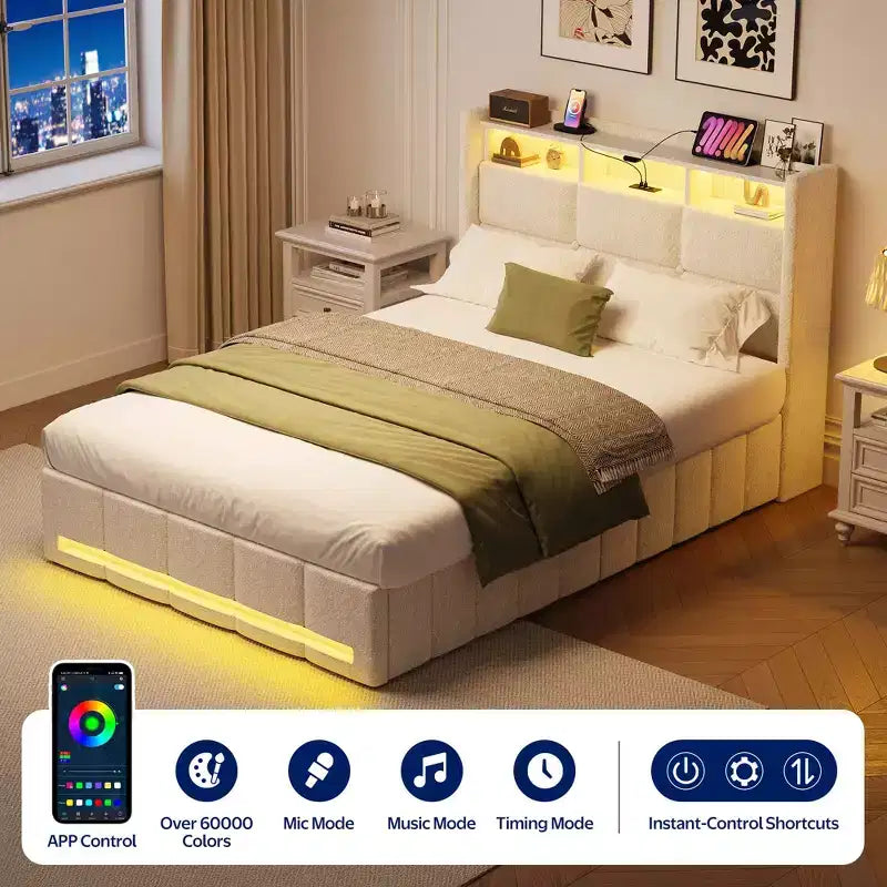Greenstell Upholstered Lift Storage Bed with LED Lights & Charging Station, Modern Platform Bed, Heavy Duty Wooden Slats