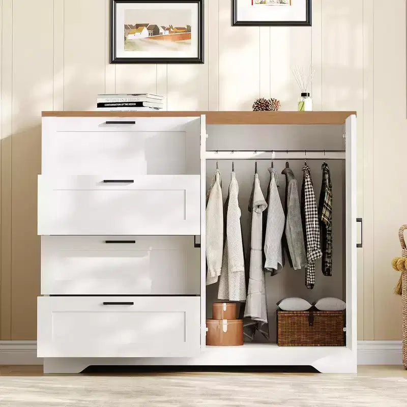 43.3 H Wood Armoire Wardrobe Closet with 4 Drawers & Hanging Rod, Multifunctional Bedroom Clothing Storage Cabinet Dresser
