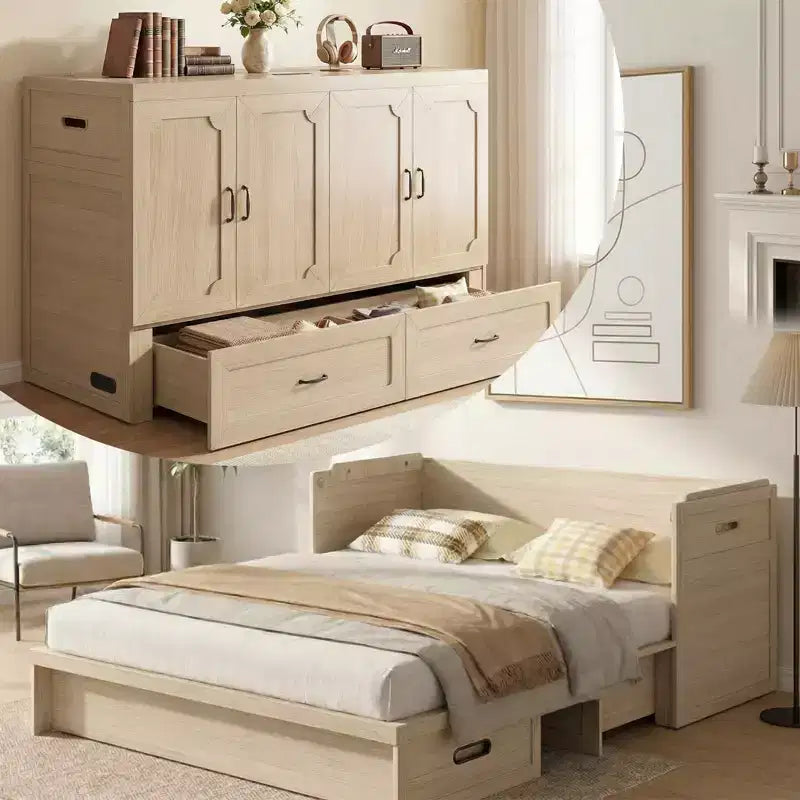 Mjkone Queen Size Convertible Murphy Cabinet Bed with Mattress, USB Charging, Storage Drawers