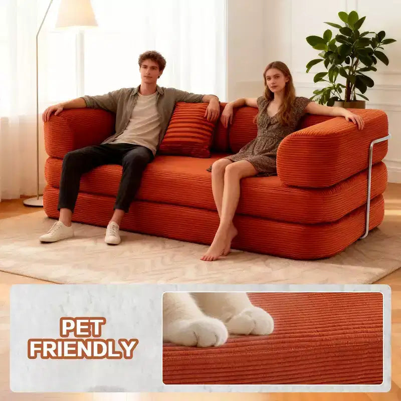 Okak Convertible Floor Sofa Bed Loveseats with Blanket & Pillows,Corduroy Fabric Futon Couch for Living Room,Apartments