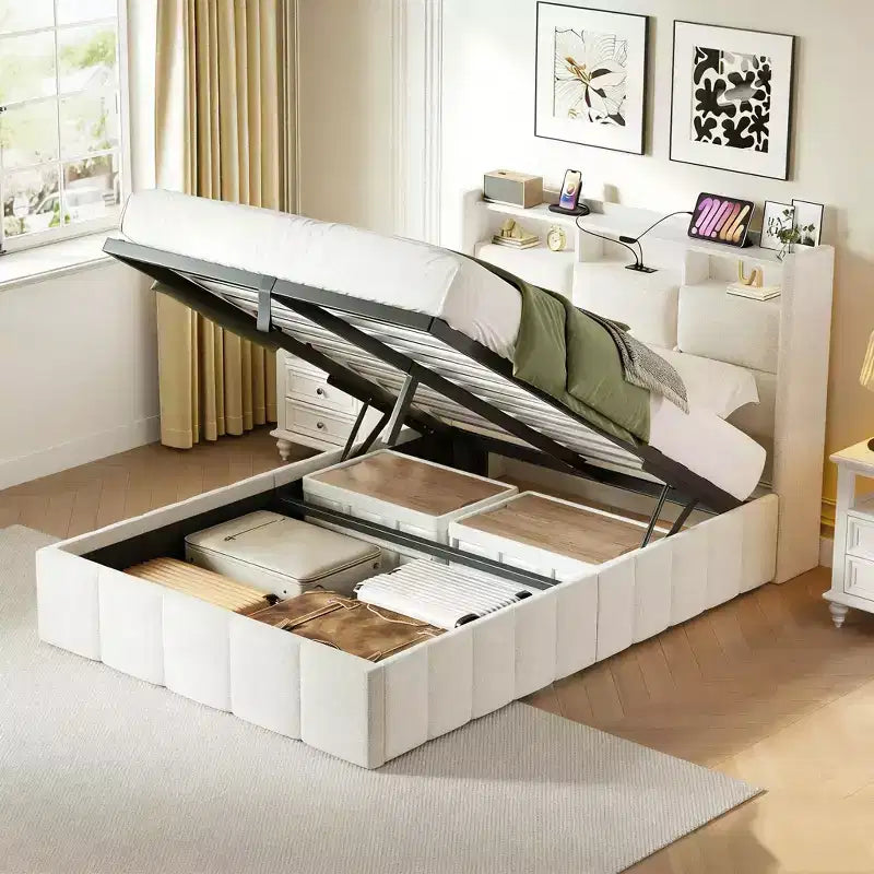 Greenstell Upholstered Lift Storage Bed with LED Lights & Charging Station, Modern Platform Bed, Heavy Duty Wooden Slats