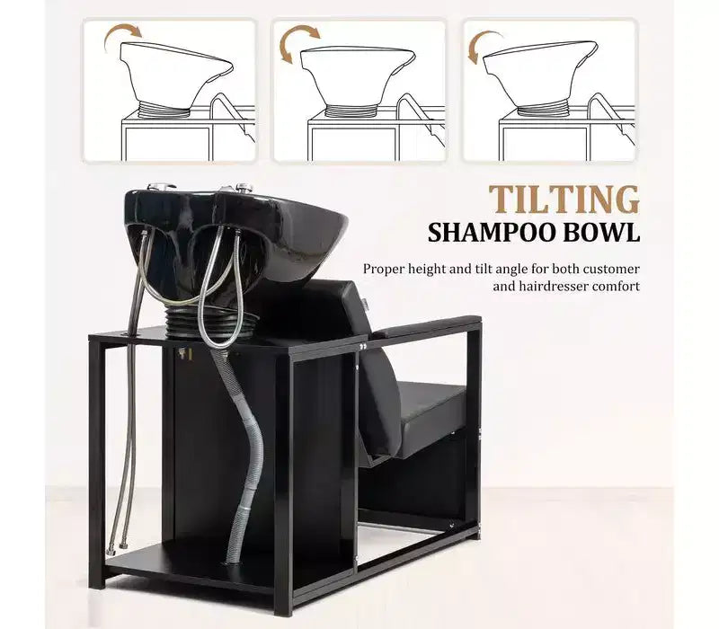 Salon Shampoo Backwash Chair Unit with Porcelain Bowl and Storage Shelf