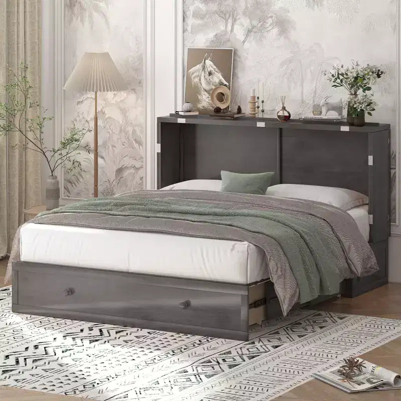 Murphy Bed Cabinet, Modern Murphy Bed Queen with Mattress, Built-in USB Charging Station & Drawers