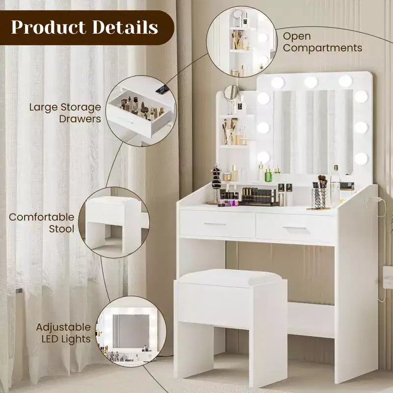 Vanity Desk with Mirror and Lights, Makeup Vanity with Power Outlet & Cushioned Stool, 3 Lighting Modes Adjustable Brightness, Dressing Table