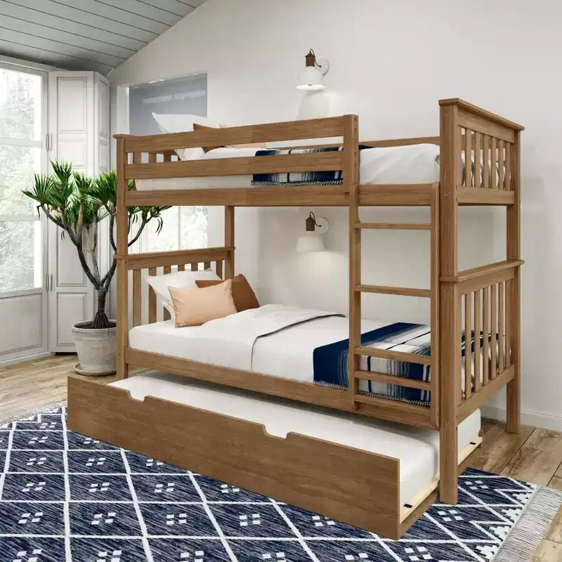 Twin over Twin Bunk Bed with Trundle, Solid Wood, Sleeps 3 – Blue / Espresso / Natural / Pecan / Walnut / White
