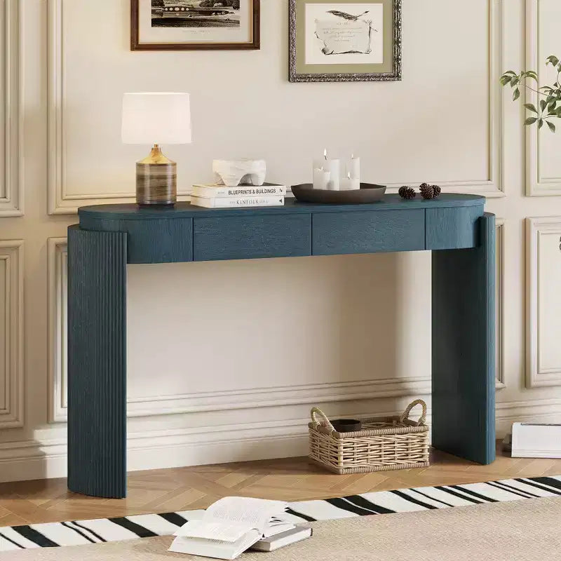Oval-Top Console Table with Fluted Curved Legs & Dual Hidden Drawers