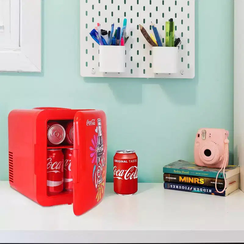 Coca-Cola Love 1971 Series 4L Cooler/Warmer 12V DC 110V AC Mini Fridge: Desktop Coke Fridge, Countertop, 6 Can Capacity