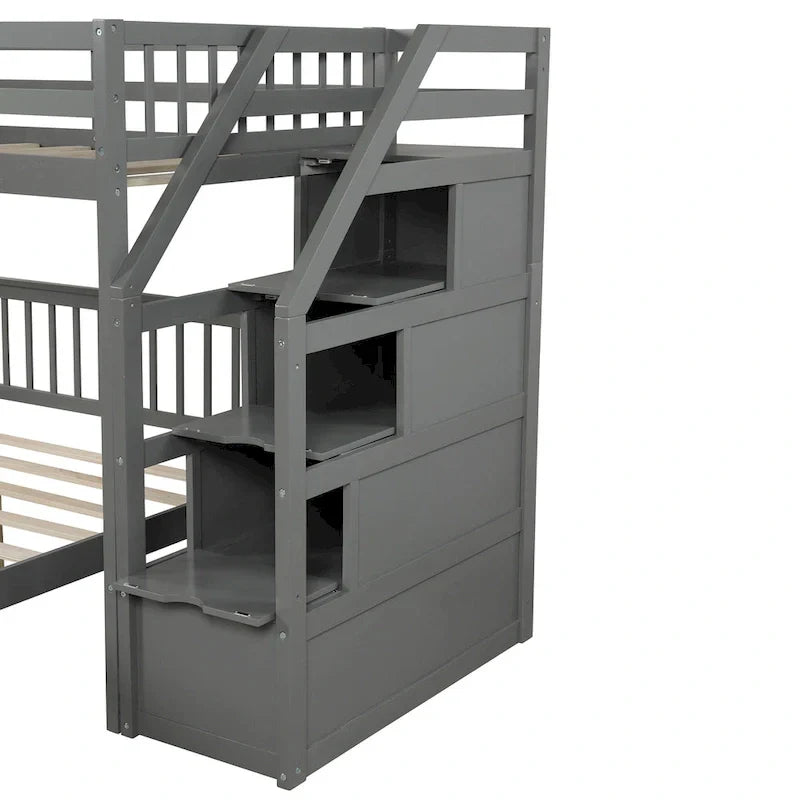 Twin Over Full Wood Loft Bed with Staircase,High Guardrails and Ladder