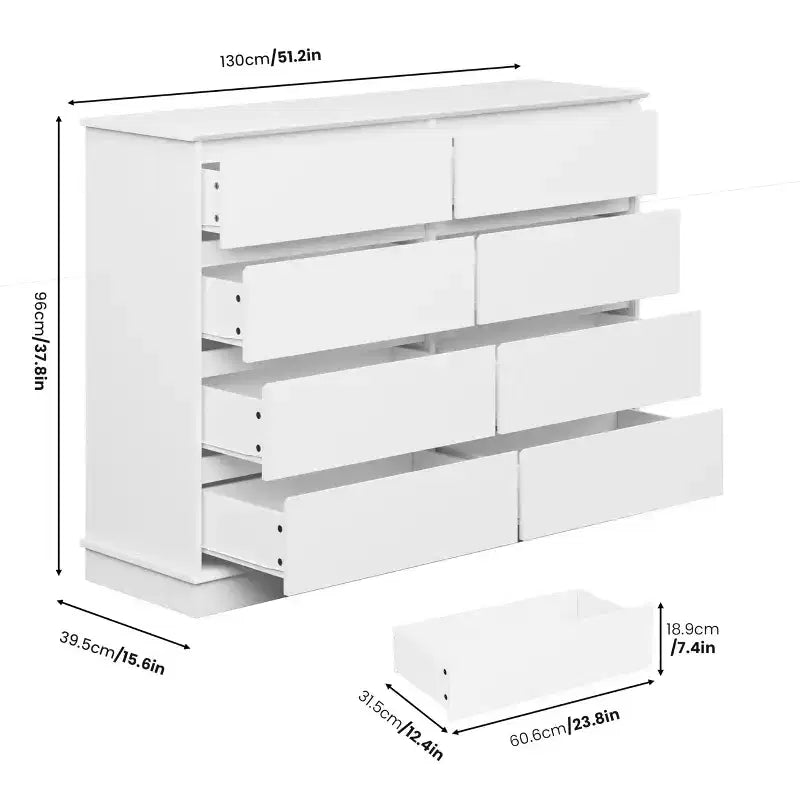 Modern Dresser for Bedroom with 8 Drawers, Wooden Storage Organizer Unit for ClosetWide Chest of Drawers