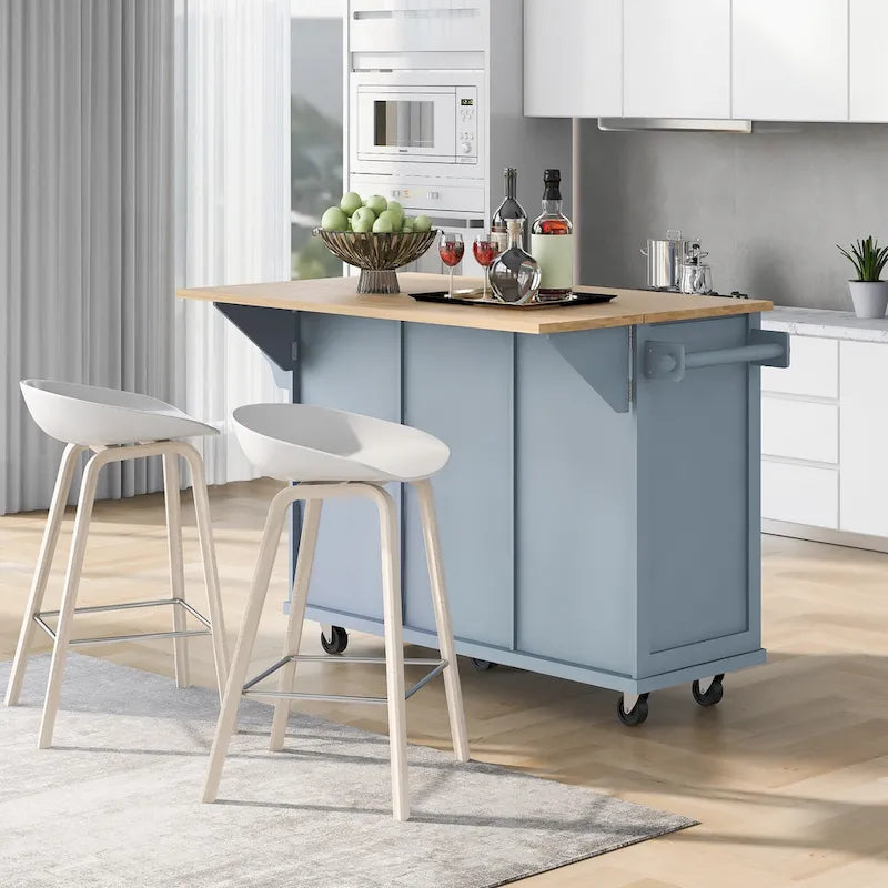Kitchen Island Cart on 5 Wheels, Breakfast Bar Cabinet, Rolling Kitchen Island with Drop Leaf, 3 Drawers & Removable Shelves