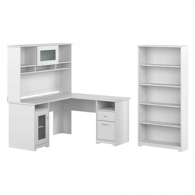 60" L-Shaped Computer Desk with Hutch, 5-Shelf Bookcase & File Drawer, 200 lb Desktop Capacity
