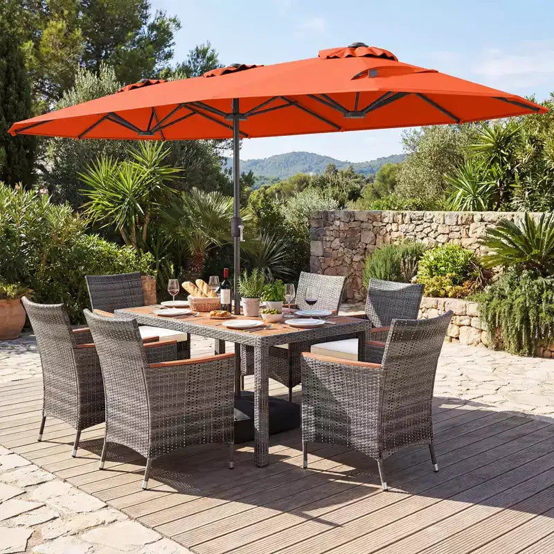 Gymax 8-Piece Patio Dining Set w/ Double-Sided Market Umbrella Acacia Wood Top