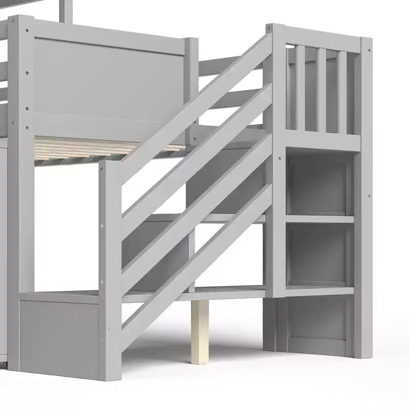 Twin Size Loft Bed with 3 Drawers & Storage Stair, Wooden House-style Bed Frame with Slide and Remevoable Desk
