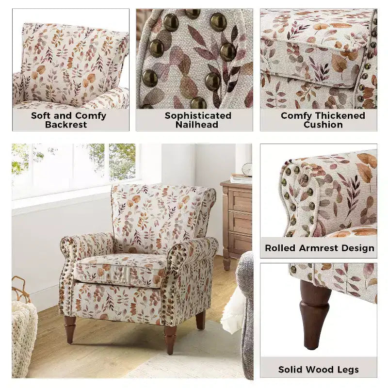 Traditional Wooden Upholstered Floral Armchair with Wingback and Nailhead Trim