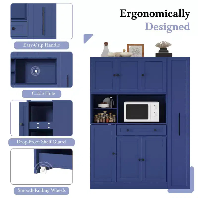 Kitchen Pantry Cabinet with Hutch and Pull-Out Side Cabinet
