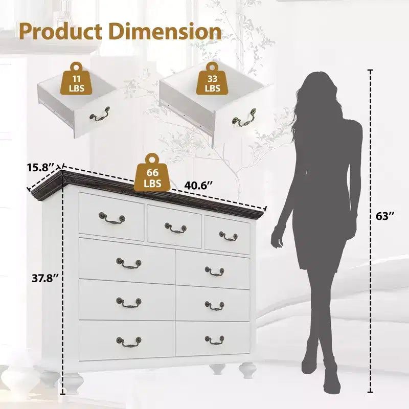 9 Drawers Dresser, Wood Rustic Chest of Drawers with Metal Handles, Storage Organizer for Bedroom, Living Room