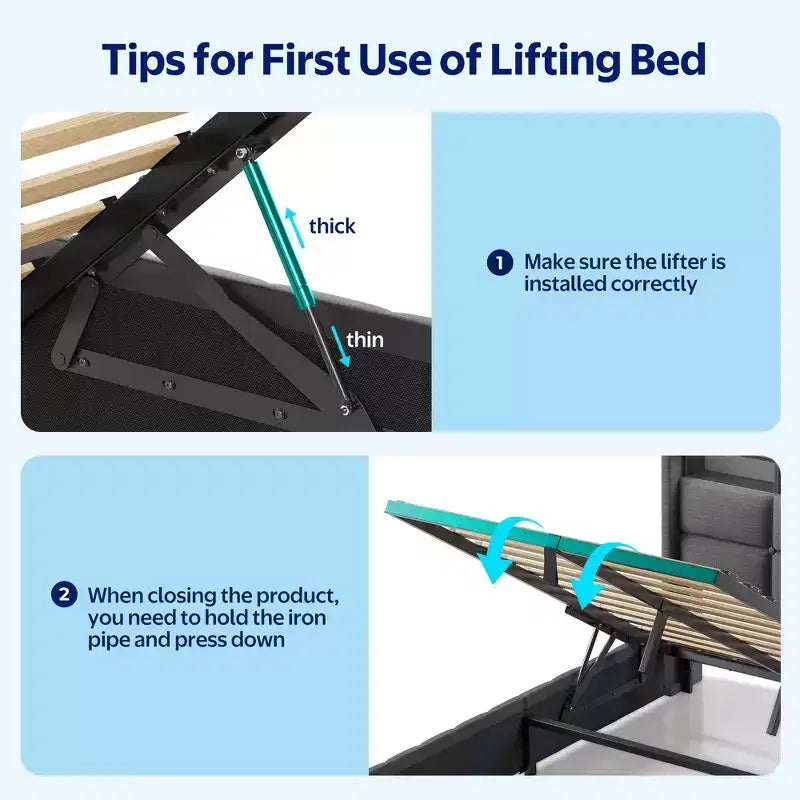 Greenstell Upholstered Lift Storage Bed with LED Lights & Charging Station, Modern Platform Bed, Heavy Duty Wooden Slats