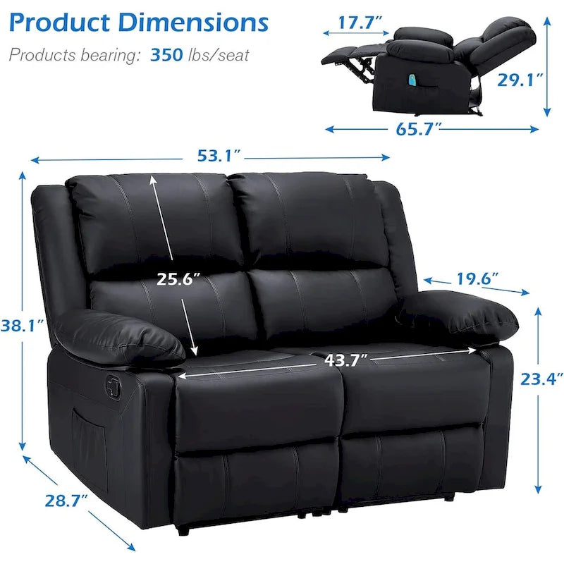 2-Seater Recliner Loveseat with Heat and Massage Function