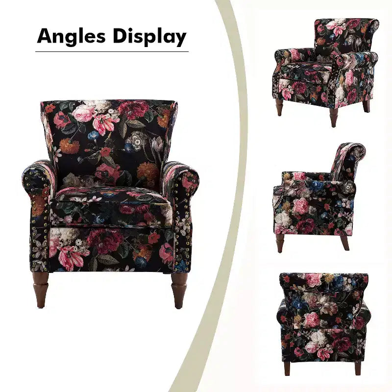 Traditional Wooden Upholstered Floral Armchair with Wingback and Nailhead Trim
