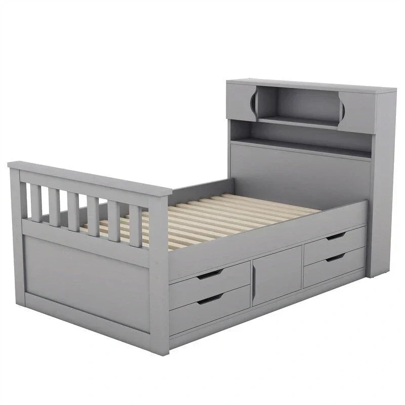 Twin/Full Size Captain Platform Bed with 4 Drawers and Storage Shelves, Solid Wood Bed Frame with Storage Bookcase Headboard