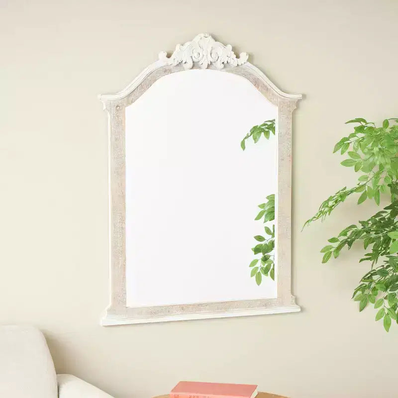 37"x28" Wooden Arched Scroll Wall Mirror with Brown Distressing Cream: No Assembly, Modern Decor