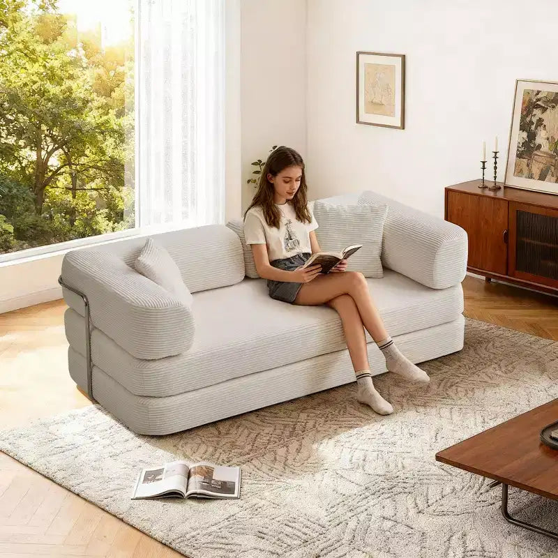 Okak Convertible Floor Sofa Bed Loveseats with Blanket & Pillows,Corduroy Fabric Futon Couch for Living Room,Apartments