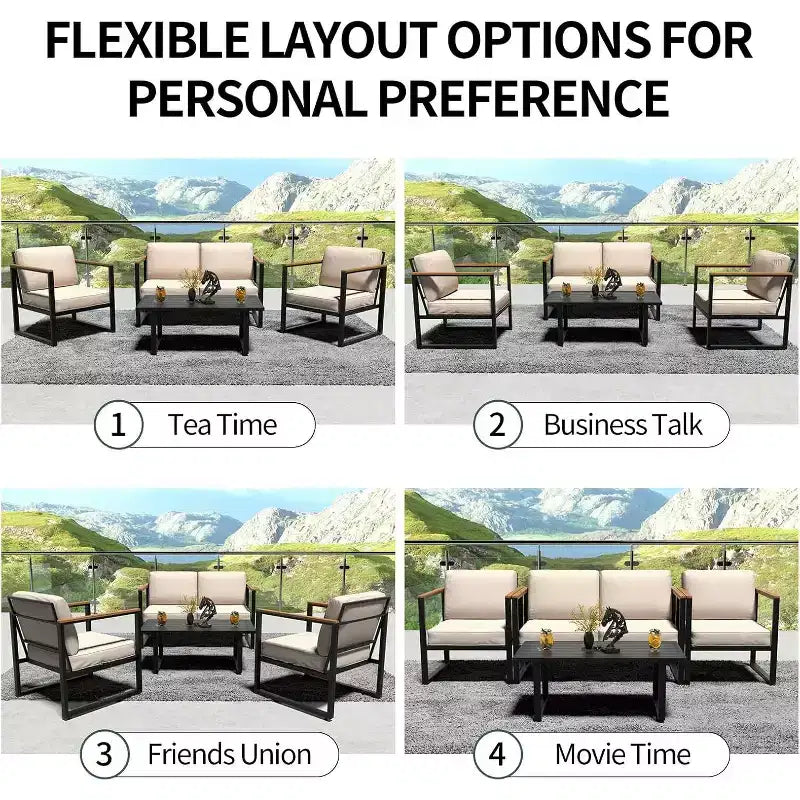 Outdoor Metal Patio Furniture Sets of 4, Outside Seating Furniture with Loveseat and Coffee Table, for Porch, Apartments, Garden