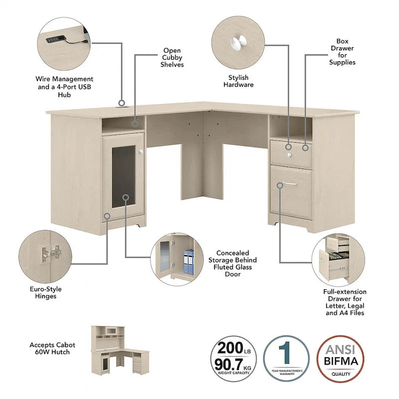 60" L-Shaped Computer Desk with Hutch, 5-Shelf Bookcase & File Drawer, 200 lb Desktop Capacity