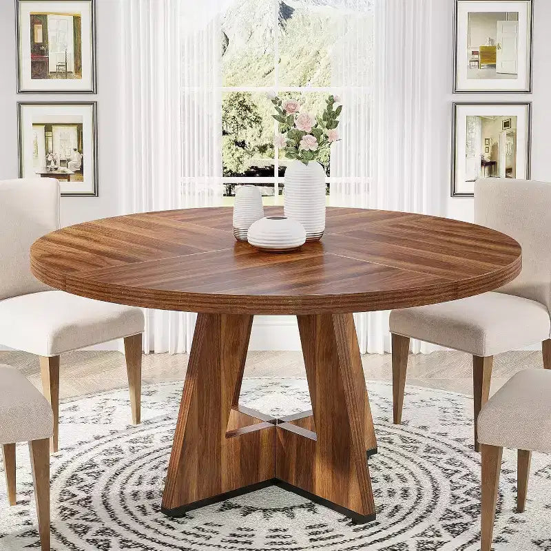 Okak Farmhouse Wood Large Round Dining Table with Cross Base,Wooden Kitchen Dinner Table for Dining Room,Breakfast Nook