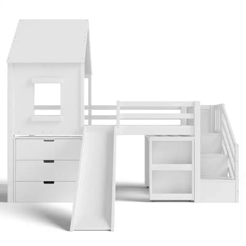 Twin Size Loft Bed with 3 Drawers & Storage Stair, Wooden House-style Bed Frame with Slide and Remevoable Desk
