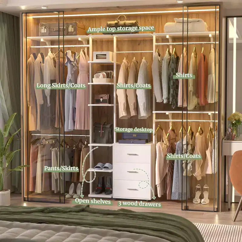 Closet Organizer System with Tower Shelving & 3 Drawers, 96"x80", 1200 lbs Capacity