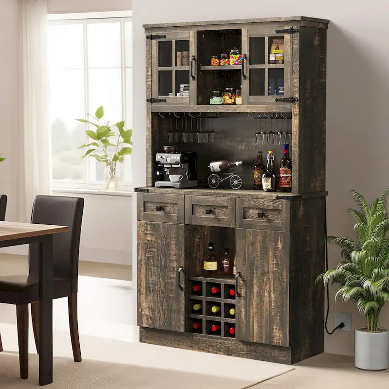 72" Kitchen Pantry Cabinet with Wine Rack, 3 Drawers & Charging Station